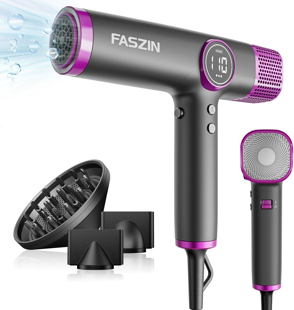 Faszin Hair Dryer, Lightweight Blow Dryer with 110,000 RPM High-Speed for Fast Drying, 200 Million Ionic Hairdryer with Auto-Clean, Low Noise, 3 Magnetic Nozzles for Travel, Salon, Home (Gray)