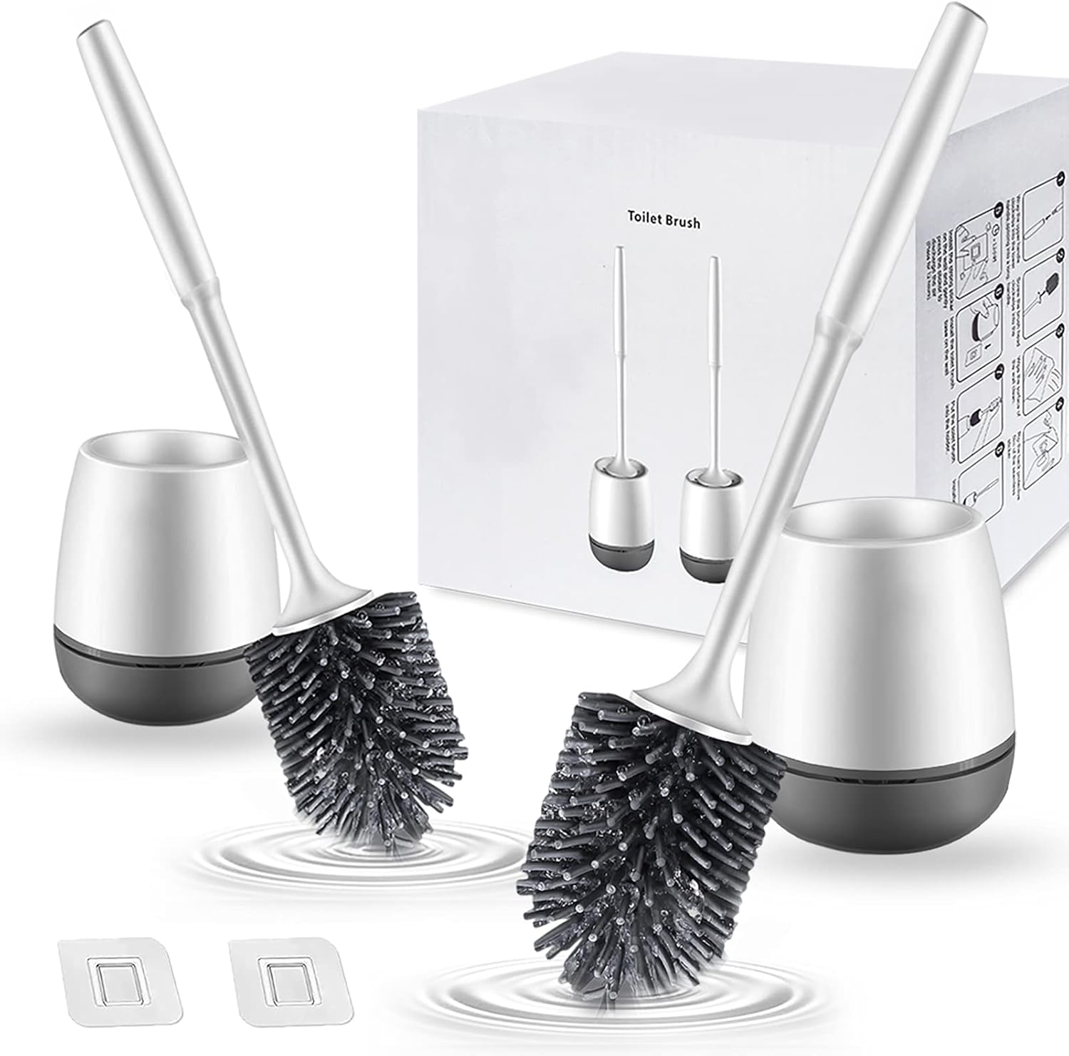 Marsheepy Toilet Brush and Holder, 2 pack Silicone Toilet Brush with Holder, Deep Cleaner Toilet Bowl Brushes with Quick Drying Holder Set for Bathroom Toilet,Grey & White (Flooring/Mounted Wall)