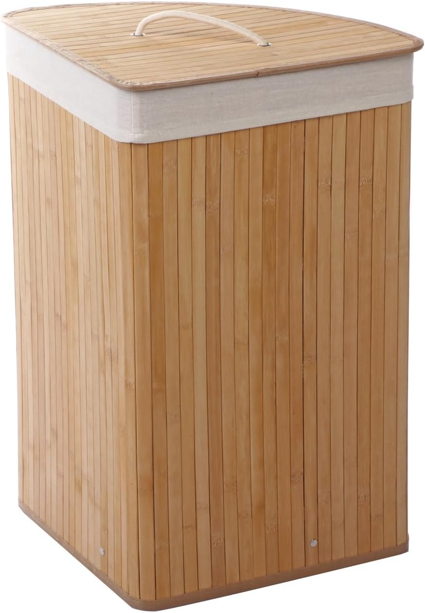 Sherwood Home Corner Collapsible Bamboo Folding Laundry Basket - Washing Bin Hamper Cotton Handles, Breathable Liner, Lightweight and Durable Ideal for Bathroom & Home Organization - 35 x 35 x 60cm