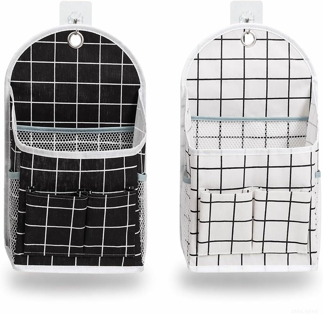 Wall Hanging Storage Bag with Pockets, Set of 2 Fabric Organizer Baskets (23x10x41cm) with Sticky Hooks, Cotton Linen Over the Door Caddy for Bedroom Bathroom and Kitchen, Black & White Plaid