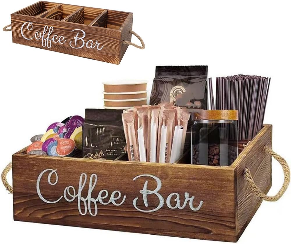 Wooden Coffee Bar Counter Storage Rack, 4-Compartment Organizer for Coffee Pods, Sugar Packets, Snacks & Tea, Countertop Coffee Station Organizer for Home & Office, Brown