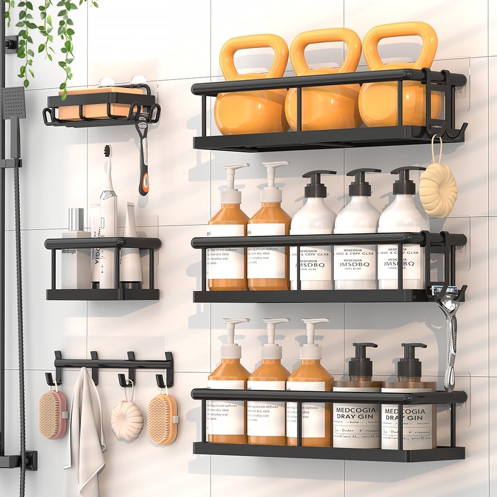 Shower Caddy Bathroom Organiser, Rustproof Bathroom Caddy Shower Shelf with 4 Hooks,Large Capacity Adhesive Shelf Space-Saving Storage for Shampoo, Soap & Towels(Black, 6-Pack)