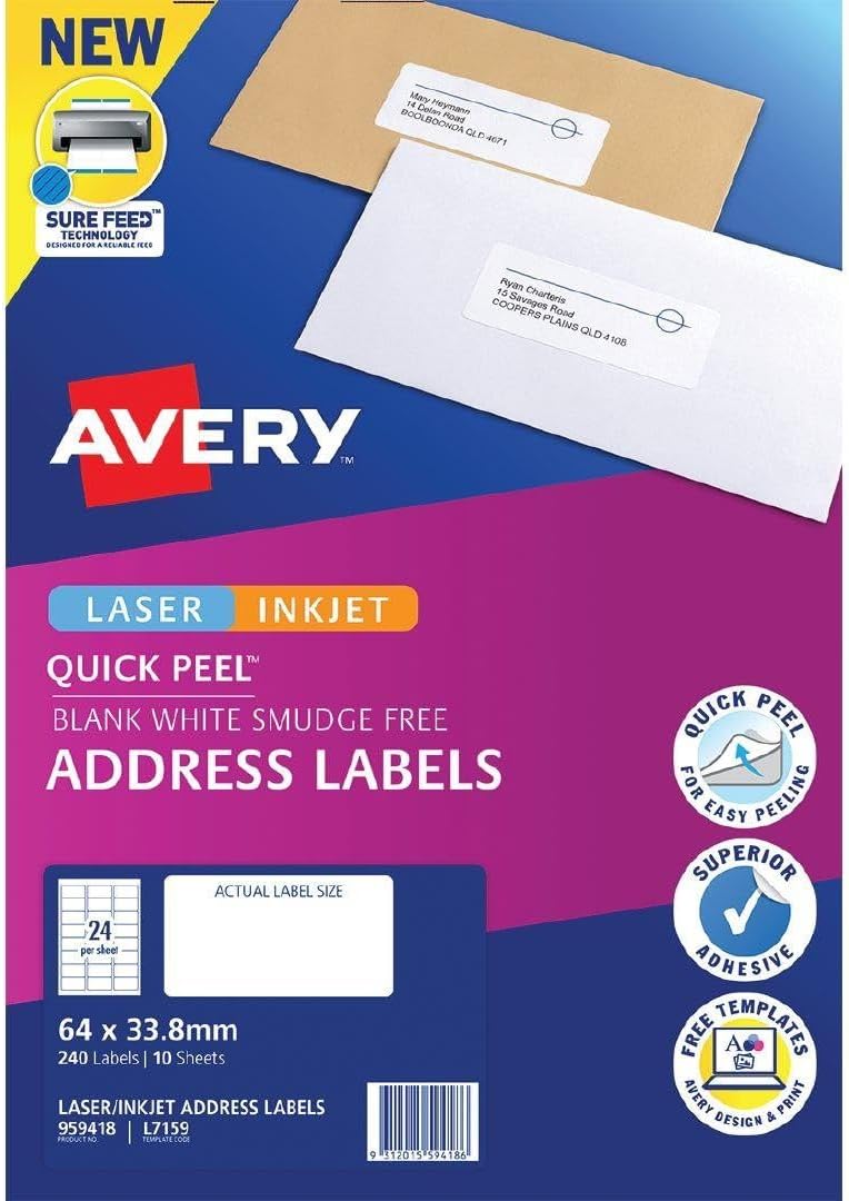 Avery Printable Blank A4 Adressing Labels, 64 x 33.8 mm, White, 240 Customisable Labels (959418)