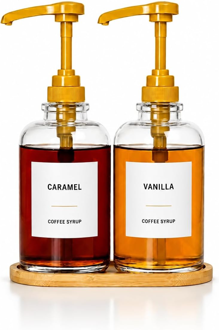 Coffee Syrup Dispenser with Tray, 2 Pack 16oz Glass Coffee Syrup Bottles with Gold Pumps, Bamboo Tray, Coffee Bar Accessories, Coffee Station Organizer for Home Coffee Bar