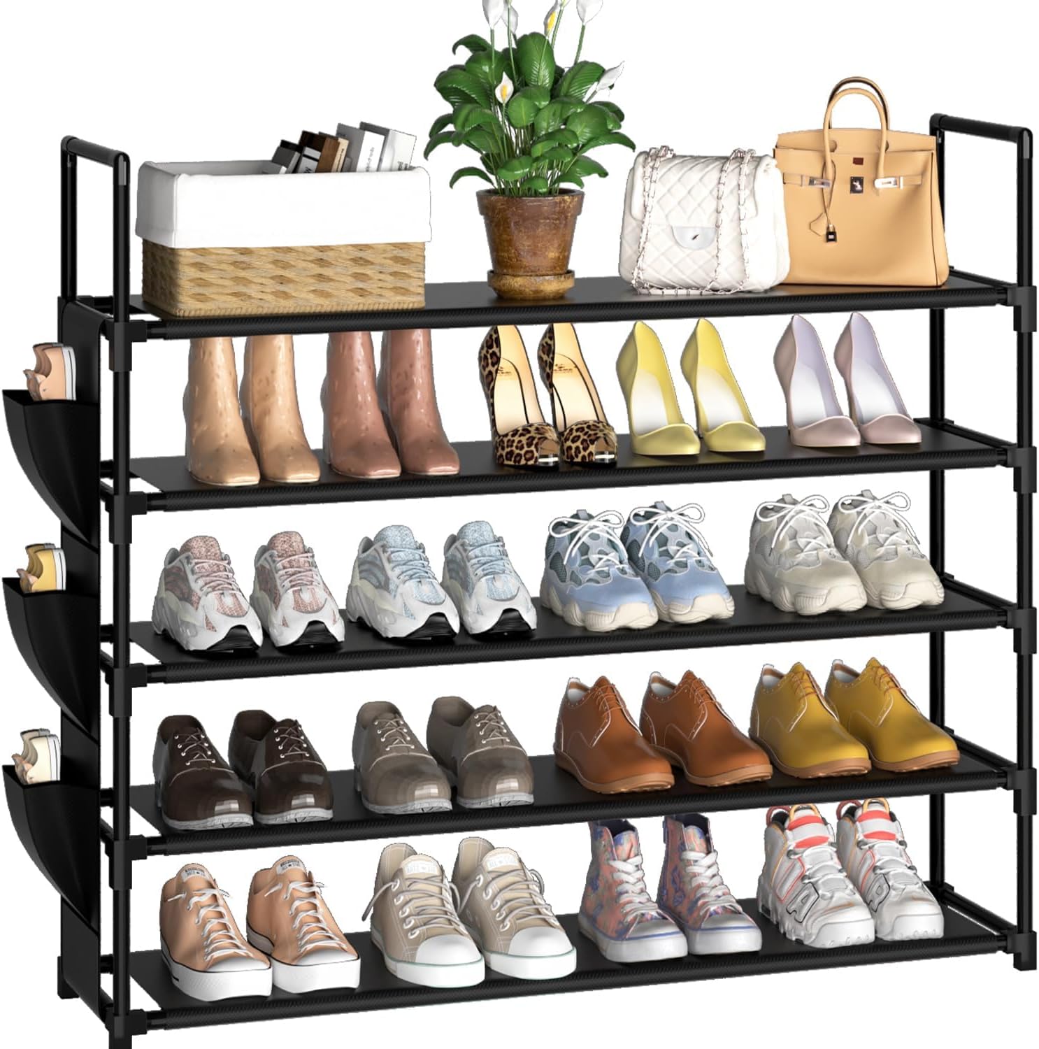 OYREL Shoe Rack 5 Tier Shoe Organizer Shoe Storage 20-25 Pairs Black Shoe Rack for Closet Entryway Space Saving Bedroom Garage Door