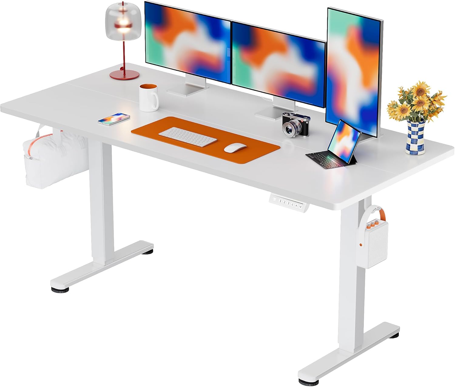 ErGear Electric Standing Desk, 140 x 70 cm Standing Desk, Height Adjustable Desk with 3 Memory Height Settings, Sit Stand Desk with 2 Hanging Hooks & Cable Management (White)- EGESD6W