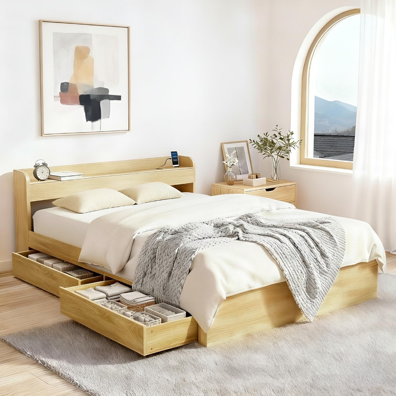 Artiss Queen Bed Frame with 2 Storage Drawers, Platform Bed with Headboard, Bed Base with USB Ports, Sturdy Wooden Slat Support, 300KG Capacity Guest Bed for Bedroom Furniture, Easy Assembly