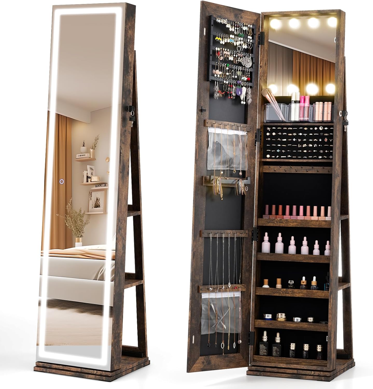 Giantex 360° Swivel Jewelry Cabinet, Freestanding Jewelry Storage Organizer w/Lighted Full Length Mirror & Back Shelves, Interior Mirror with Lights for Bedroom (Rustic Brown)