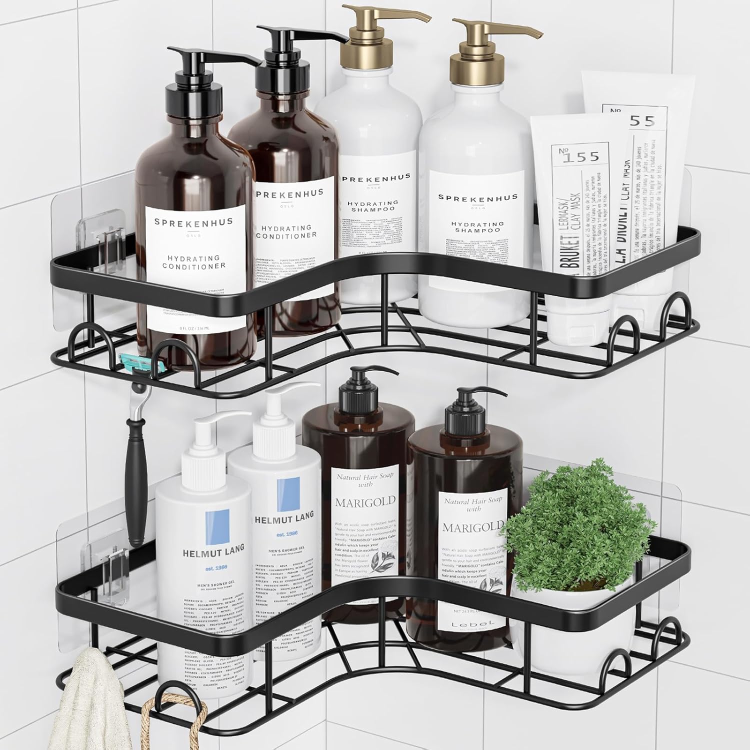 Kitsure Corner Shower Caddy - 2 Pack Rustproof Shower Shelf, Durable Bathroom Caddy with Large Capacity, Drill-Free Adhesive Bathroom Shelf with 4 Movable Hooks, 11.0 x 21.5 x 4.5 cm, Black