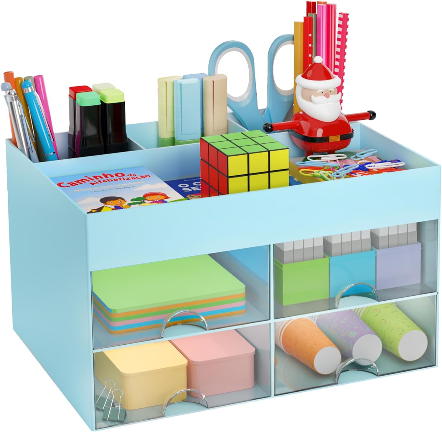 COMFYROOM Desk Organiser and Accessories with 4 Compartments and 4 Drawers, Plastic Makeup Organiser, Pen Holder for Desktop Storage, Desk Organization for School, Home, Office Supplies (Blue)