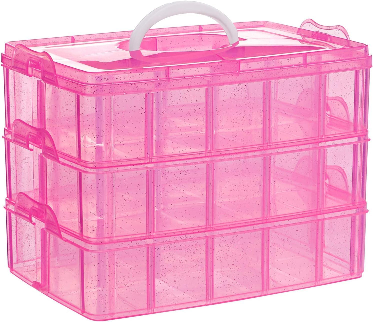 3-Tier Pink Craft Storage Container Box, Stackable Organizer Box with Dividers for Art Supplies, Beads, Hair Accessories, Nail