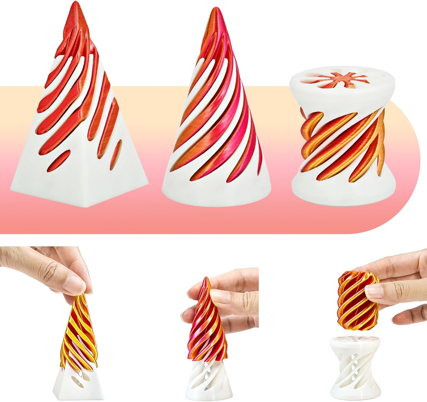 3 Packs Spiral Fidget Impossible Cone,3D Printed Optical Illusion Desk Toys Stress Relief Sculpture, Unique Office Gifts Teens Adults Kids Stocking Stuffers Christmas White Elephant(White-red)