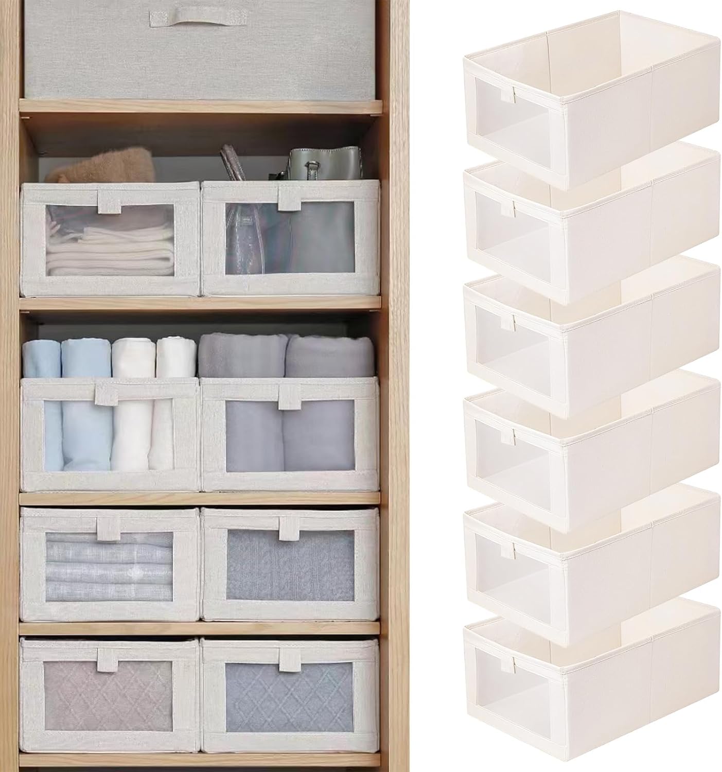 Linen Closet Organizers and Storage, 6 Pack Storage Bins Baskets for Organization Foldable Organizer with Clear Window Organizing Clothing, Jeans, Shelves