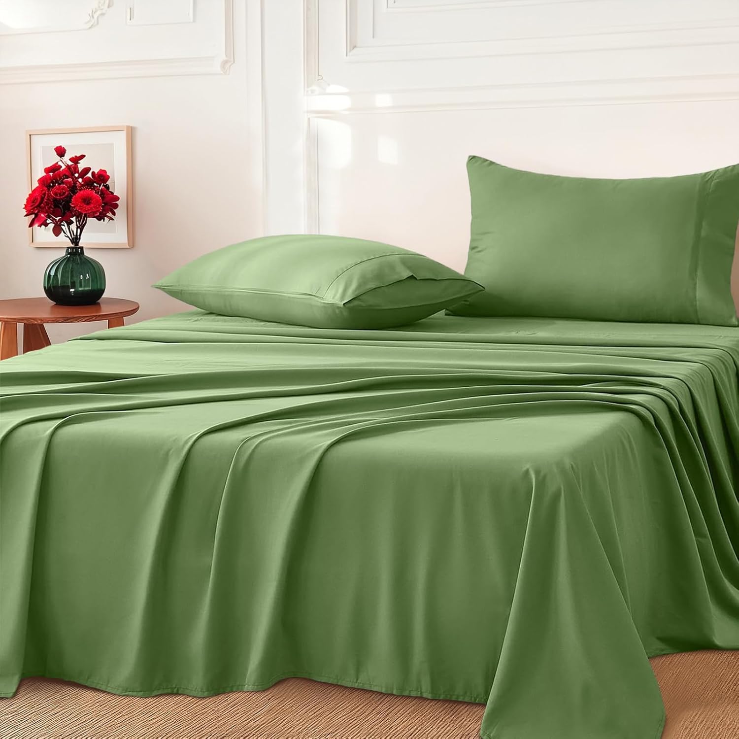 King Single Size Bed Sheets Set - 3PC (Fitted Sheet, Flat Sheet, Pillowcase) - 2000TC Ultra Soft Microfiber Breathable Bedding - Luxury Hotel Style, Sage Green