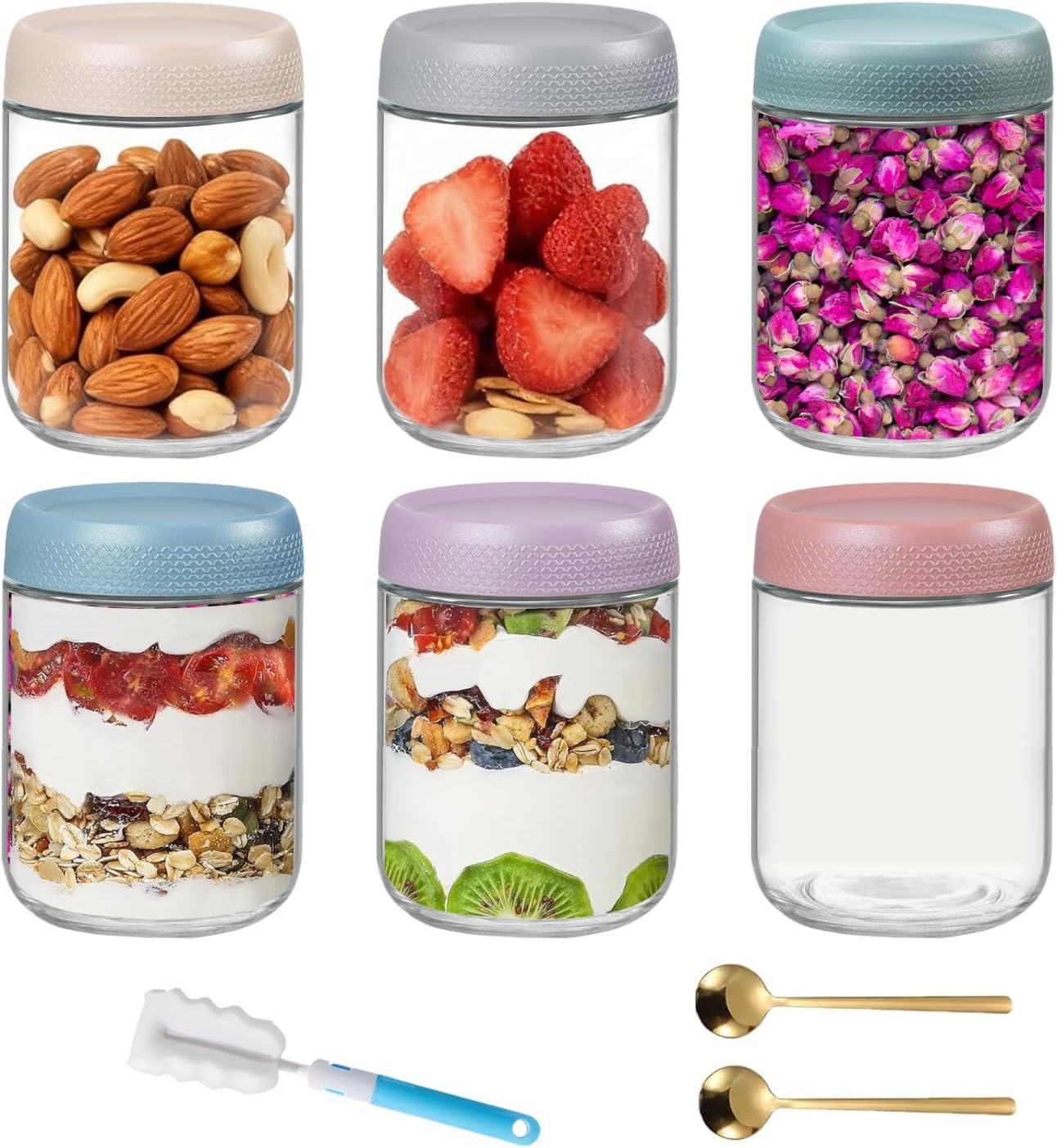 6 Pcs Overnight Oats Containers with Lids,Mason Salad Jars, Glass Jars with Airtight Lids,480 ML/16 Oz, Meal Prep Glass Jars for Salad, Nuts, Spice, Snacks, Dressing Sauce,Oatmeal Snacks Yogurt