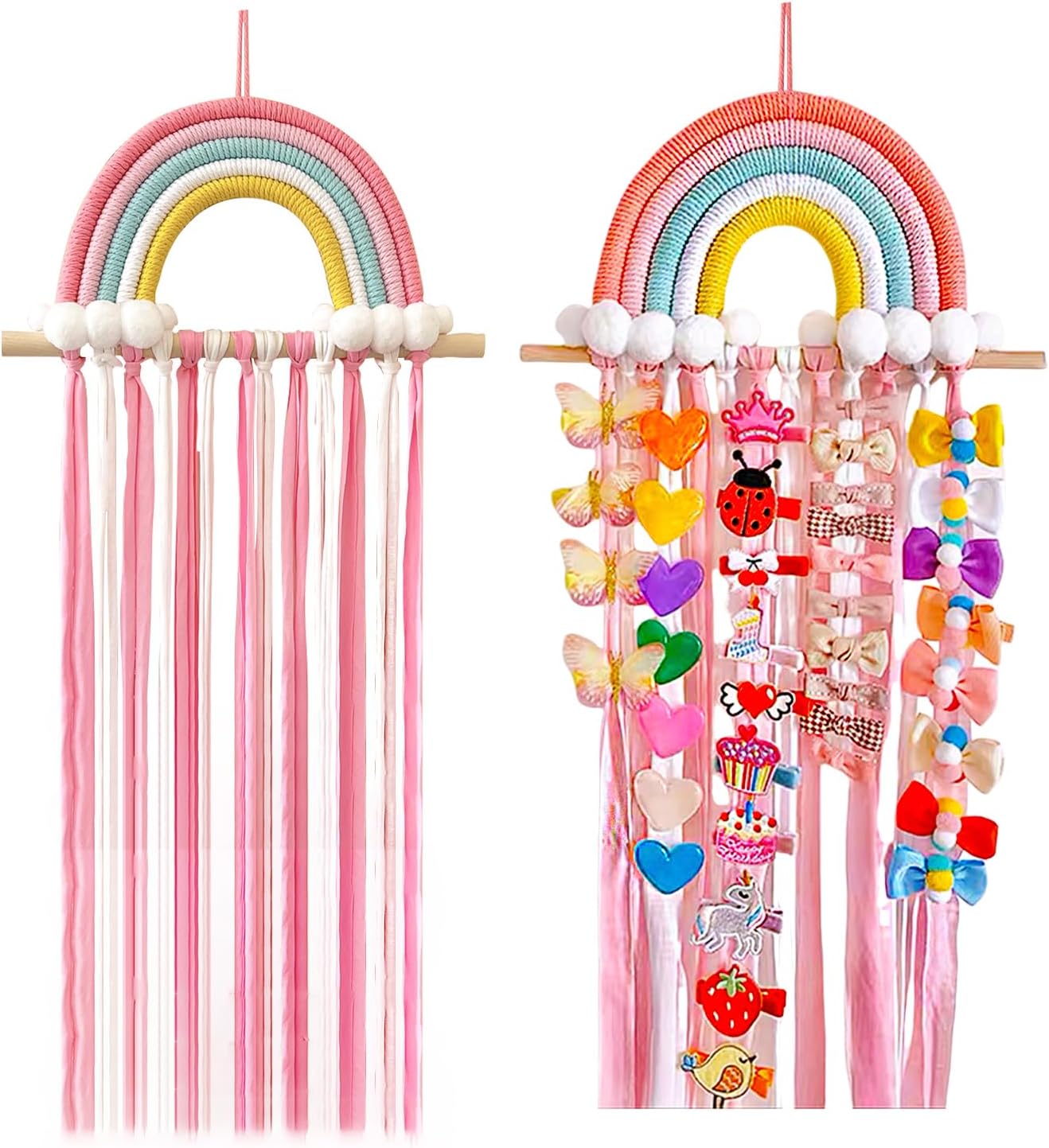 Rainbow Tassels Hair Bows Holder Hanging, Hair Clips Storage Headband Organizer Baby Girl Hair Accessories Storage Wall Hanging Decor for Girls Nursery Bedroom Living Room