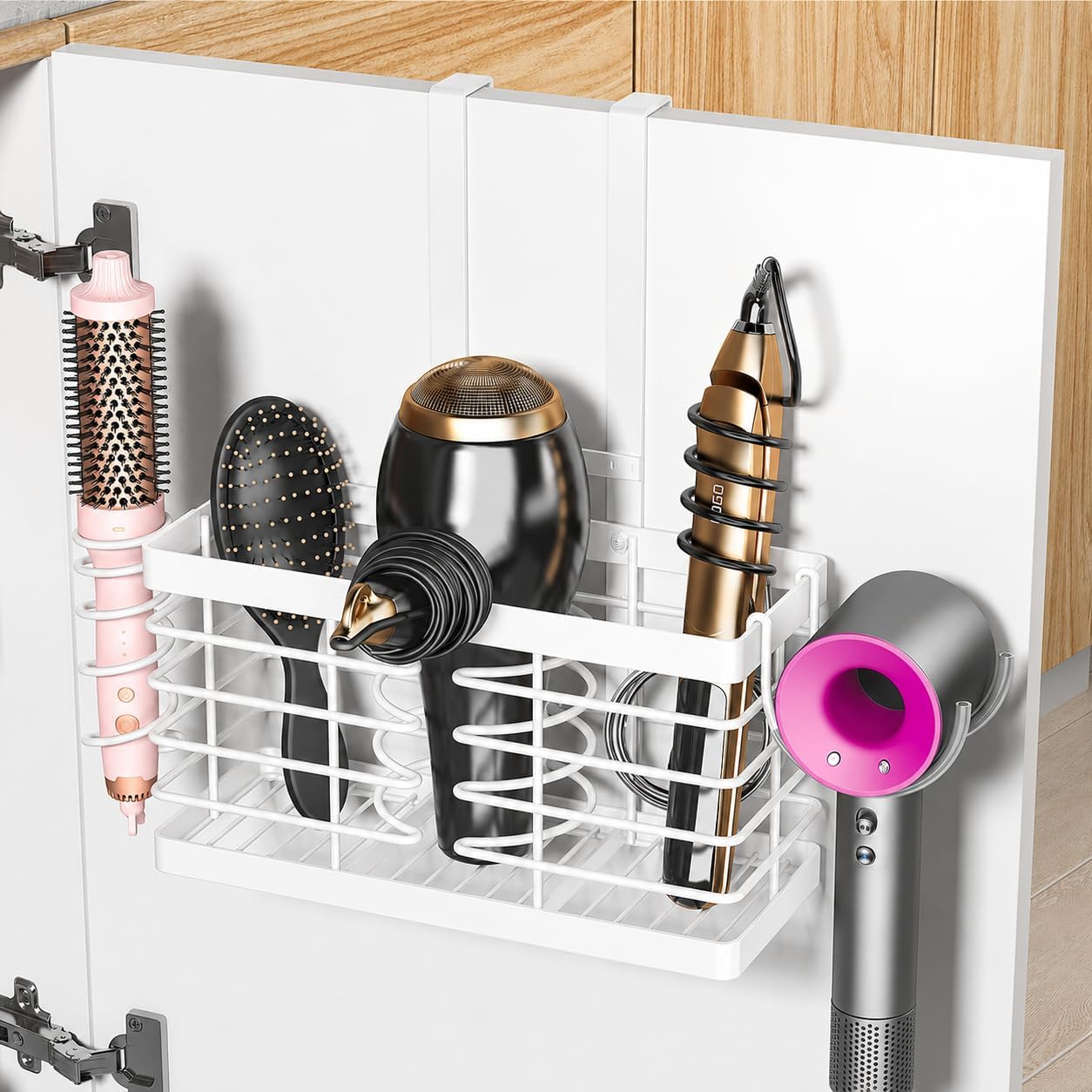 Sevenblue Hair Tool Organizer, 2026 Upgraded 3-in-1 Universal Hair Dryer Holder, Adjustable Height Metal Blow Dryer Holder Wall Mounted/Over Cabinet Door, Bathroom Organizer and Storage(White)