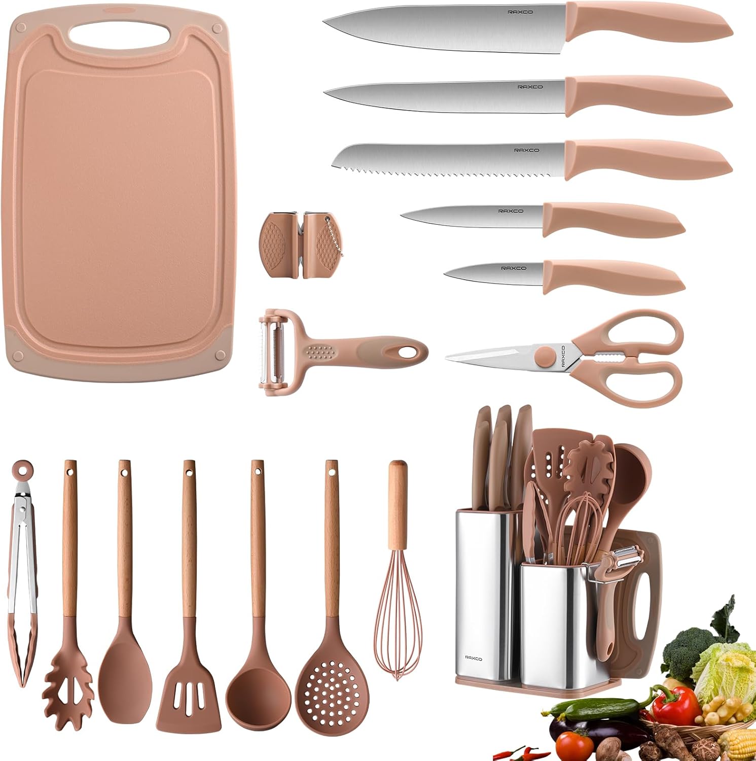 RAXCO 18PCS Kitchen Knife Set with Block,Includes 5PCS Chef Knife Set and 7PCS Silicone Cooking Utensils Set for Kitchen
