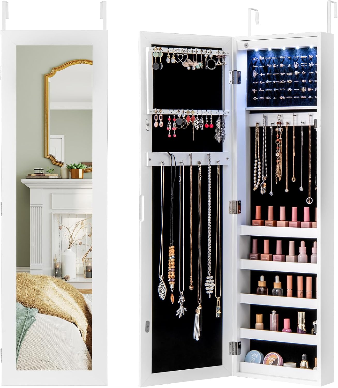 Giantex Jewelry Cabinet, Wall or Door Mounted Jewelry Armoire w/Full-Length Mirror & LED Lights, Over the Door Hanging Jewelry Storage Organizer for Bedroom, Closet (White)