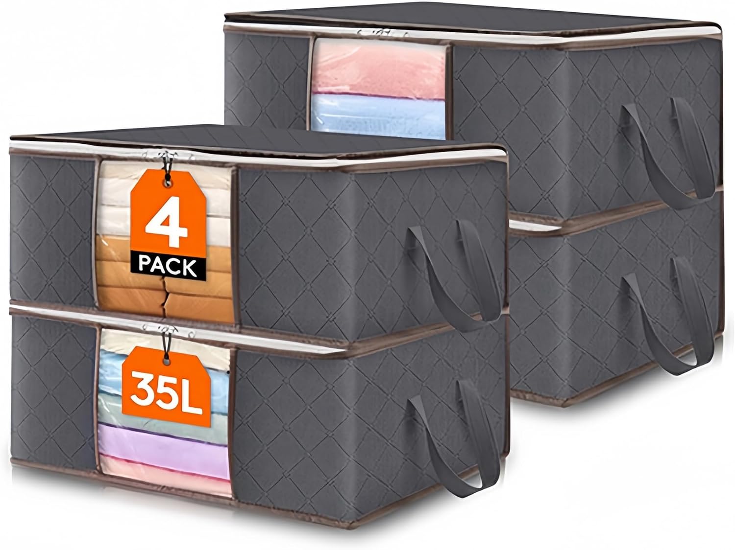 35L Large Clothing Storage Box, 4 Pack Clothes Storage Bins Foldable Closet Organizers for Closet & Bedroom, Grey.