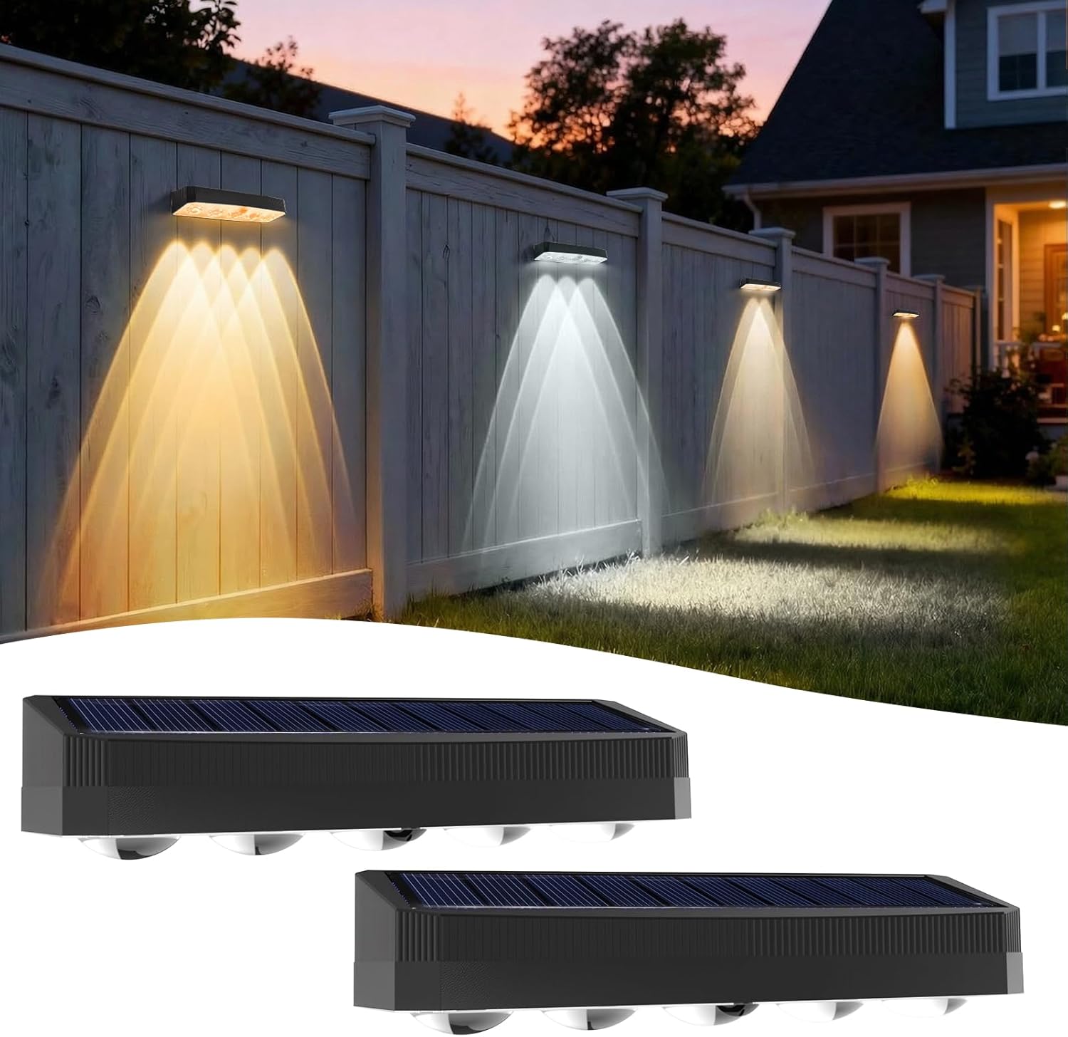 Solar Fence Lights Outdoor Garden, Warm/Neutral/Cool White 3 Mode, 5 LED Adjustable Solar Wall Lights Outdoor Waterproof, Solar Lights for Outside Backyard/Railing/Patio/Deck, 2 Pack