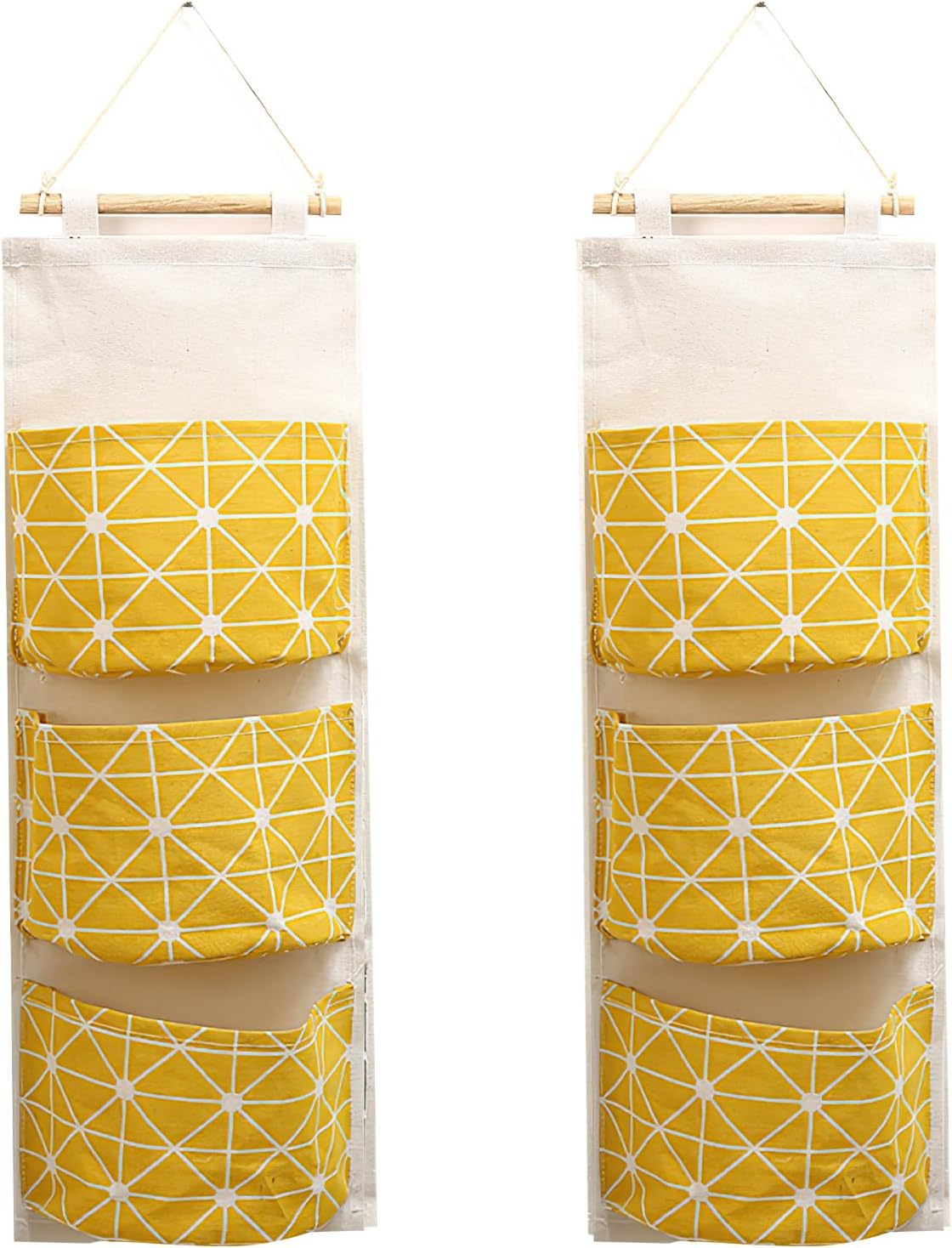 COVRA 2-Pack Wall Hanging Storage Bags, Over-The-Door Organizer with Three 6.3 x 5.1 Inch Pockets, Ideal for Pantry, Bedroom, and Bathroom (Yellow)