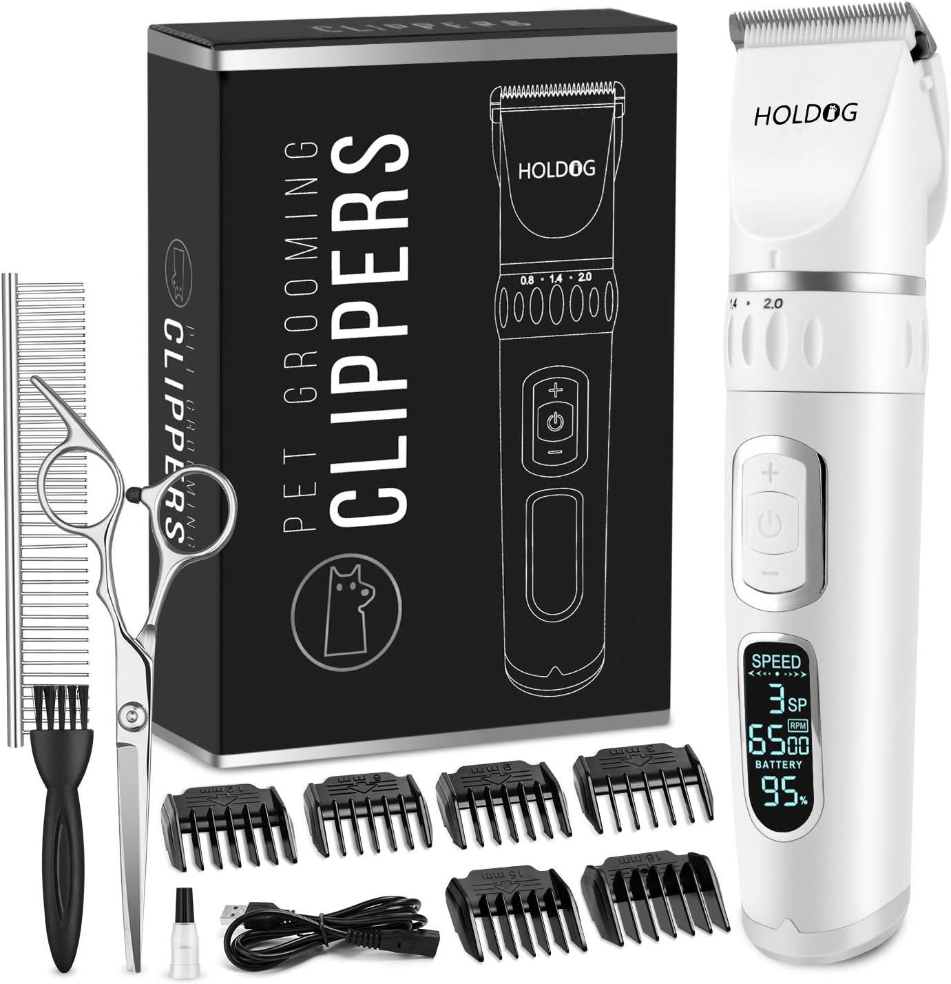 Dog Clippers 3-Speed Low Noise Cordless Pet Grooming Tools for Small & Large Pets with Thick & Heavy Coats (White)