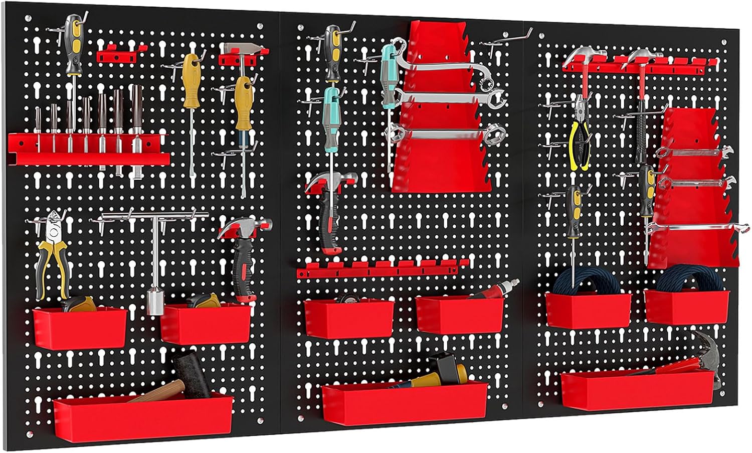 Goplus Pegboard Wall Organizer, 9-Bin Parts Rack Organizer w/Hammer Racks, Tool Holders & Hooks, Heavy-Duty Utility Tool Storage Board w/Accessories for Garage, Workshop, Craft Room
