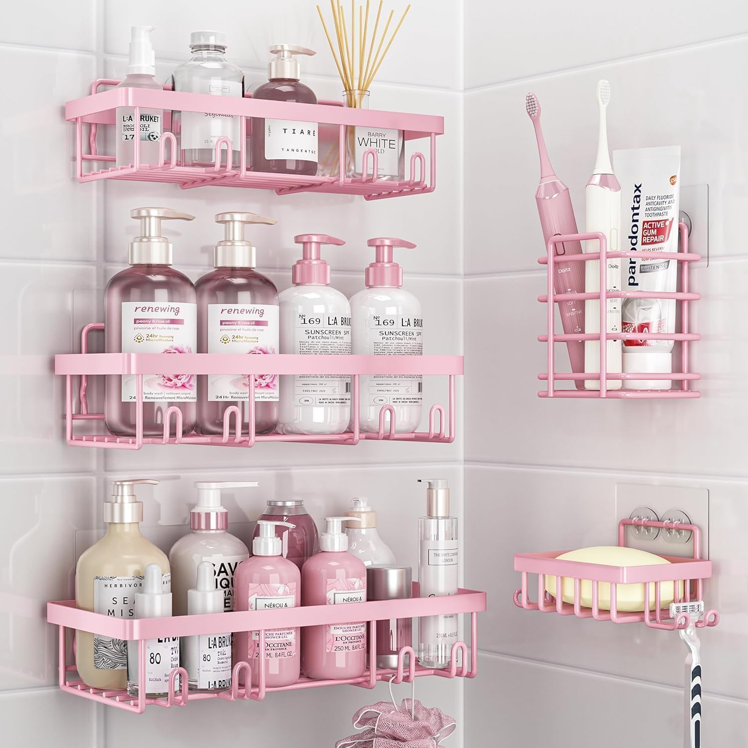 5 Pack Shower Caddy Organizer Rack Shelf for Inside Shower, Self Adhesive Bathroom Wall Storage Basket Rustproof Stainless Steel Large Capacity Shampoo Holder (Pink)