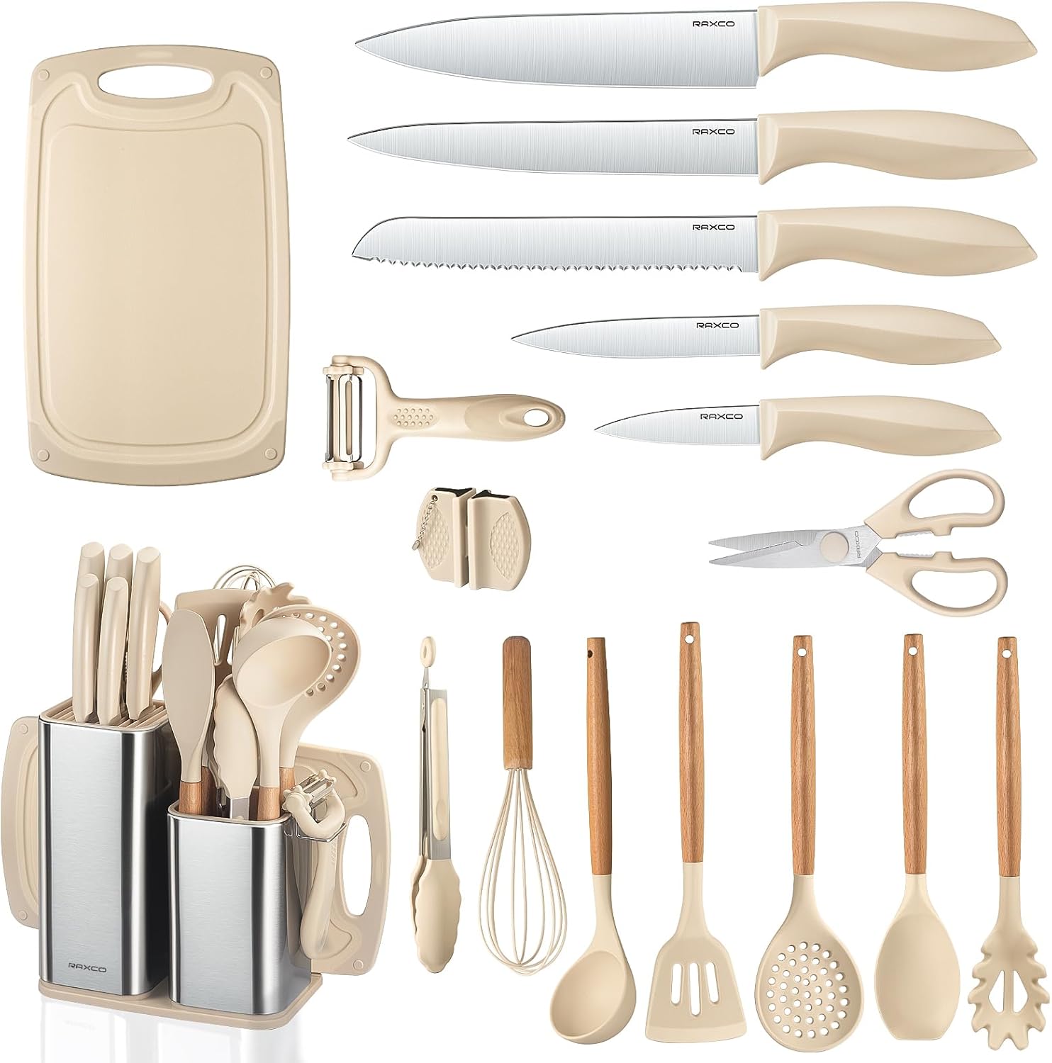 RAXCO 18Pieces Kitchen Knife Set with Block-7 Silicone Spaluta Set Cooking Utensils,6 Knife and Cutting Board Set,5 Kitchen Accessories(Khaki)