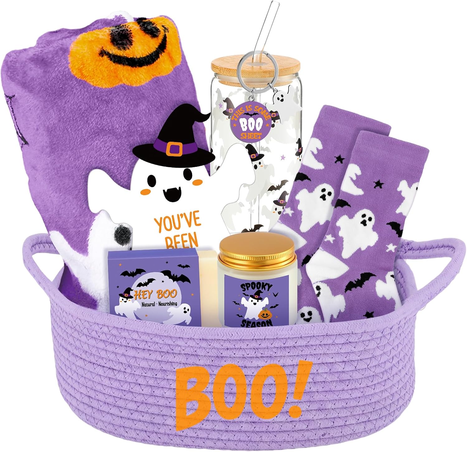 Yungyan 8 Pcs Halloween Boo Basket Stuffers Ghost Pumpkin Gifts Set for Women Include Spooky Ghost Blanket, Socks, Cup, Keychain, Soap, Candles, Card, Boo Basket for Adults Friend Family Neighbors