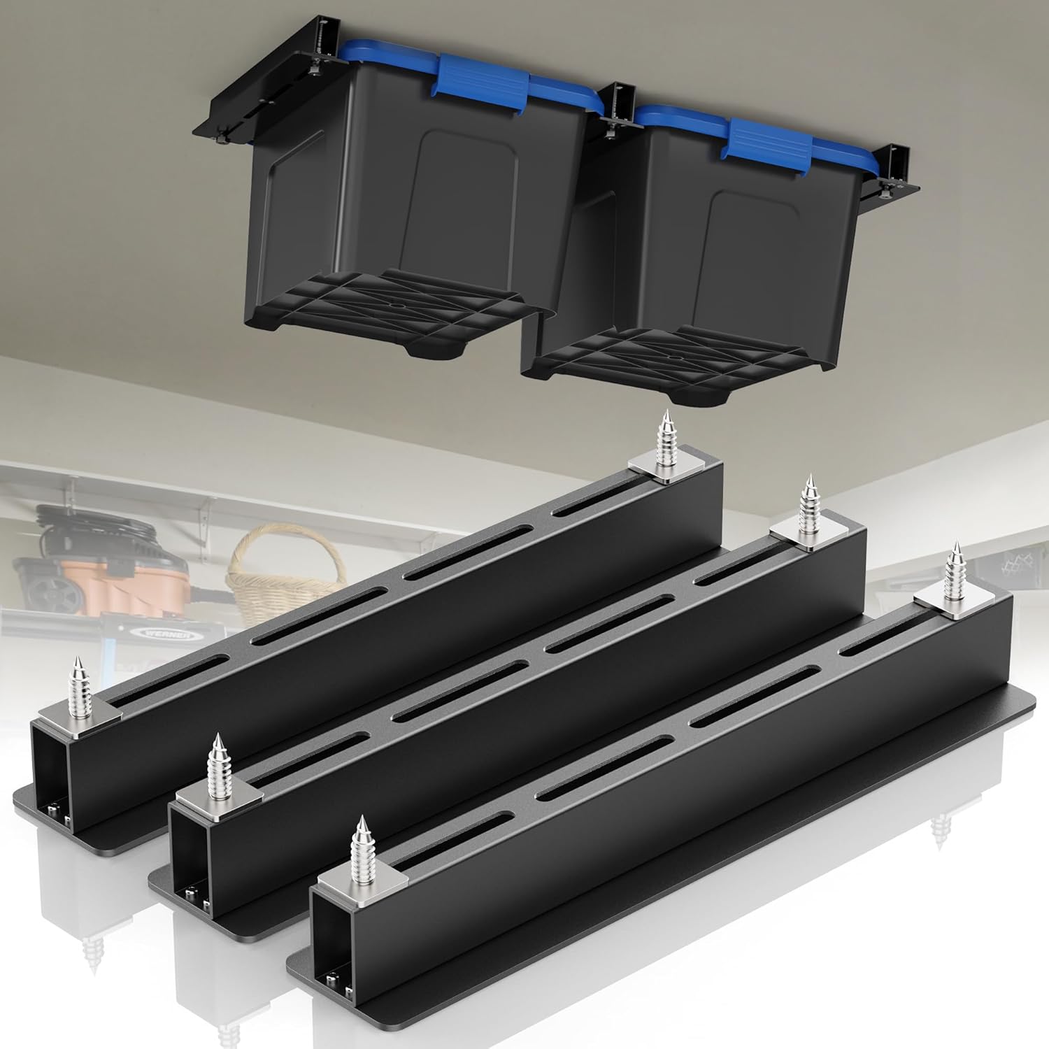 Ceiling Utility Bin Rails Storage Rack, Overhead Garage Storage Racks, Heavy Duty Hanging Storage Racks for Garage, Adjustable Width, Black (3 Sets for 2 Bins)