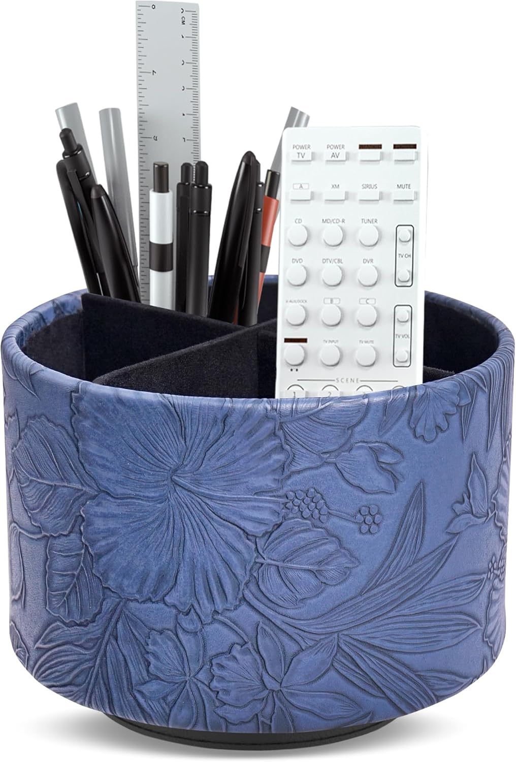 Round Leather Art Supply Organizer,Remote Control Holder,360 Degree Spinning,Multi-Functional Pencil Holder,4 Compartments Desktop Stationary Organizer(1-Carved Blue)