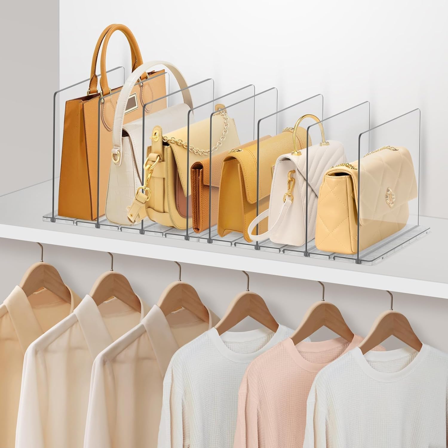 2 Pack Adjustable Shelf Divider, Clear Purse Organizers for Closet, Acrylic Bag Organiser Dividers for Closet, Purse Holder, Bookshelf for Bedroom, Office