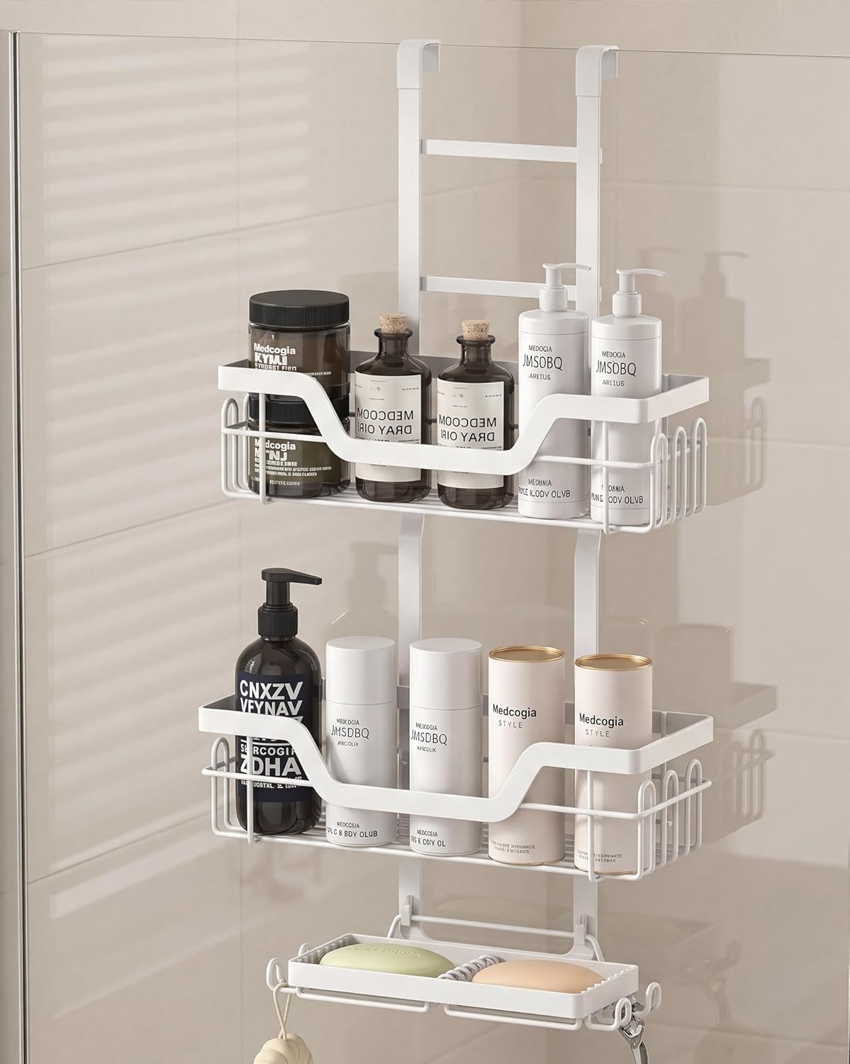 Shower Caddy Hanging Adjustable Shower Shelf Over the Door,Rustproof Bathroom Caddy Shower Rack Bathroom Organizer Space-Saving Storage for Shampoo- (White-3Tier)