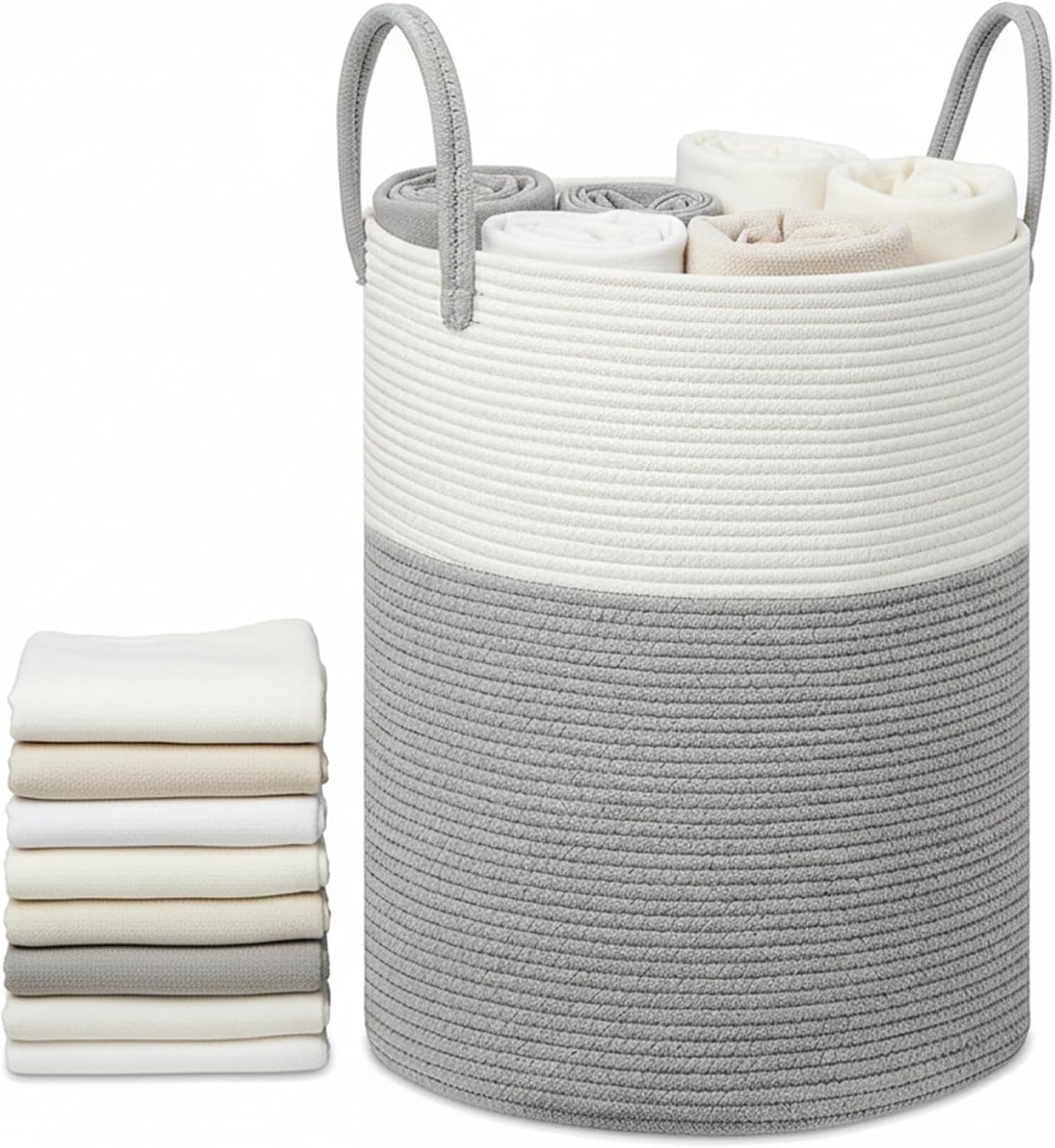 58L Woven Cotton Rope Laundry Basket for Decor Storage of Dirty Clothes,Collapsible Laundry Hamper with Handle for Storage Pillows Clothes Toy Organizer Laundry Hamper (White-gray)