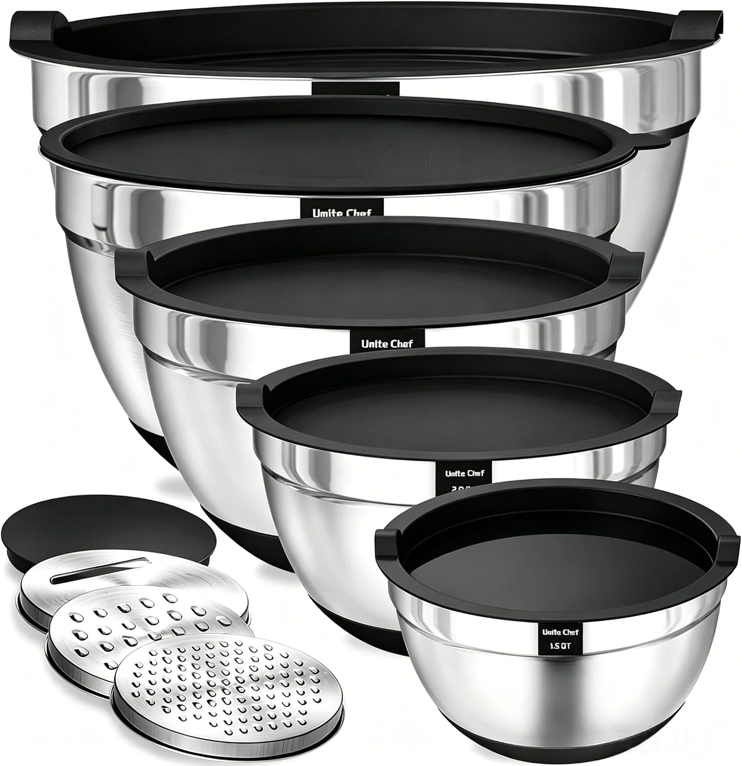 Umite Chef Mixing Bowls with Airtight Lids, 8PCS Stainless Steel Nesting Mixing Bowls Set, 3 Grater Attachments & Non-Slip Bottoms, Black Kitchen Bowls, Size 5, 4, 3.5, 2, 1.5QT for Baking & Serving