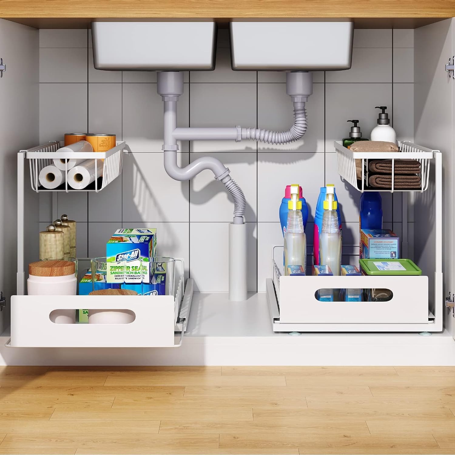DEVA FRONSA 2 Pack Under Sink Organizer and Storage, 2 Tier Slide Out Cabinet Storage Shelves & Metal Kitchen Oragnizer, Multi-Useage Shelves for Kitchen Bathroom Pantry(White)