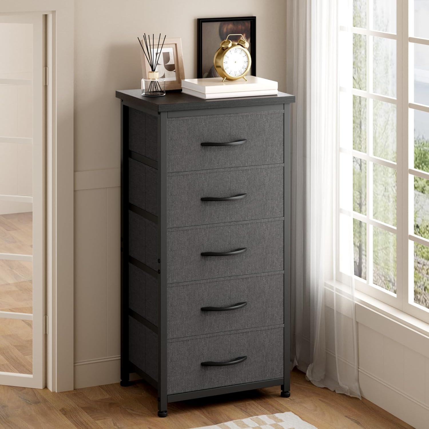 Advwin Tall Dresser with 5 Drawers, Storage Organizer Chest of Drawers with Fabric Drawers for Closet Bedside Nursery Laundry Bedroom Living Room Entryway Hallway, Black & Gray