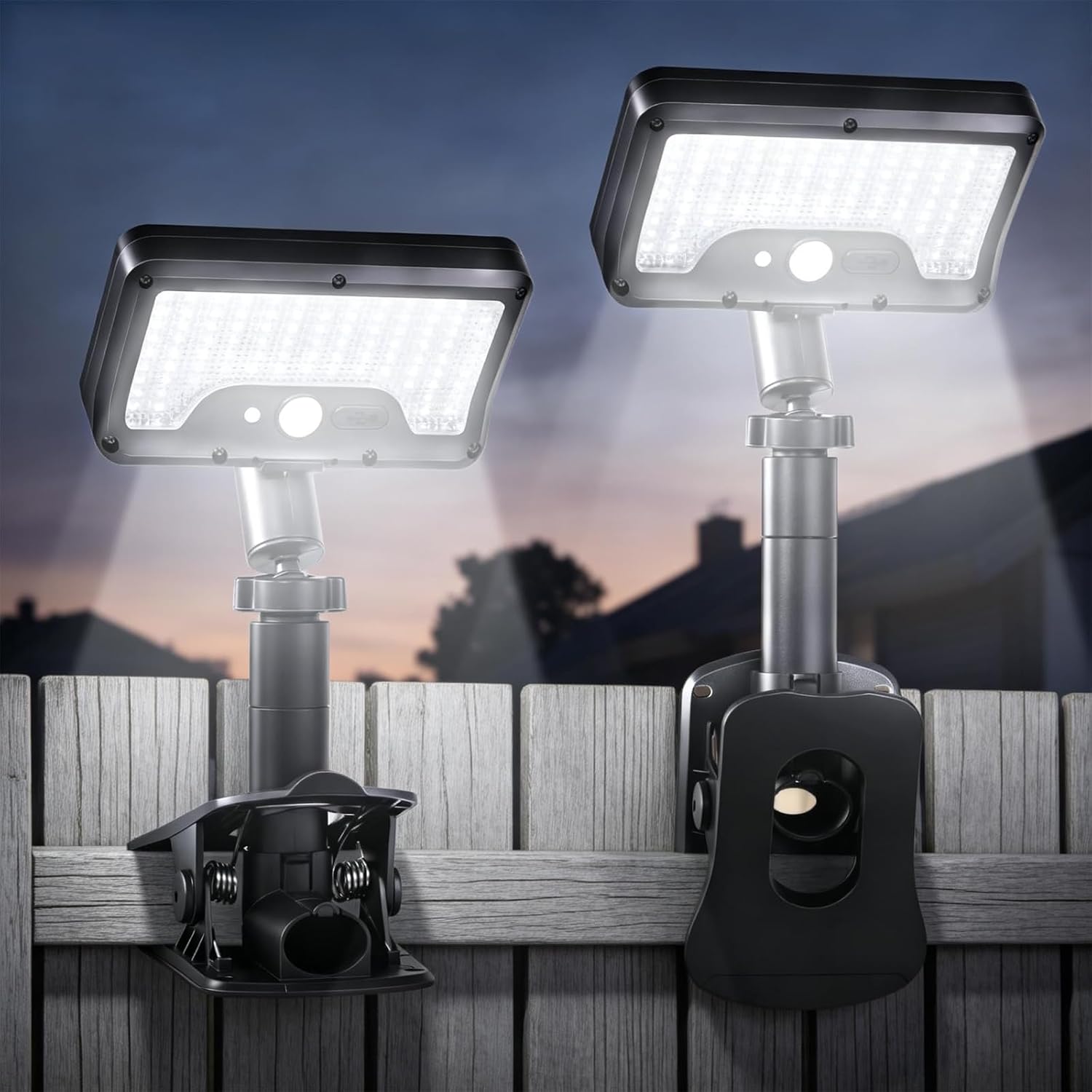 Clip On Solar Lights Outdoor with Motion Sensor, 360°Rotatable & Vertically Adjustable Solar Fence Lights with 92 LEDs 6000 K, Solar Lights for Camping, Fence & Gutter (2 Packs)