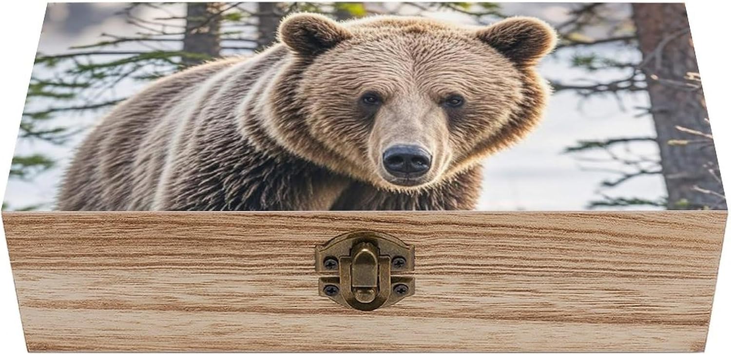 Mother Bear And Her Cubs Wooden Storage Box Keepsake Box with Hinged Lid Dust-Proof Jewelry Container Boxes Photos Organizer Chest Decorative Boxes Gifts for Women Men Home Decor