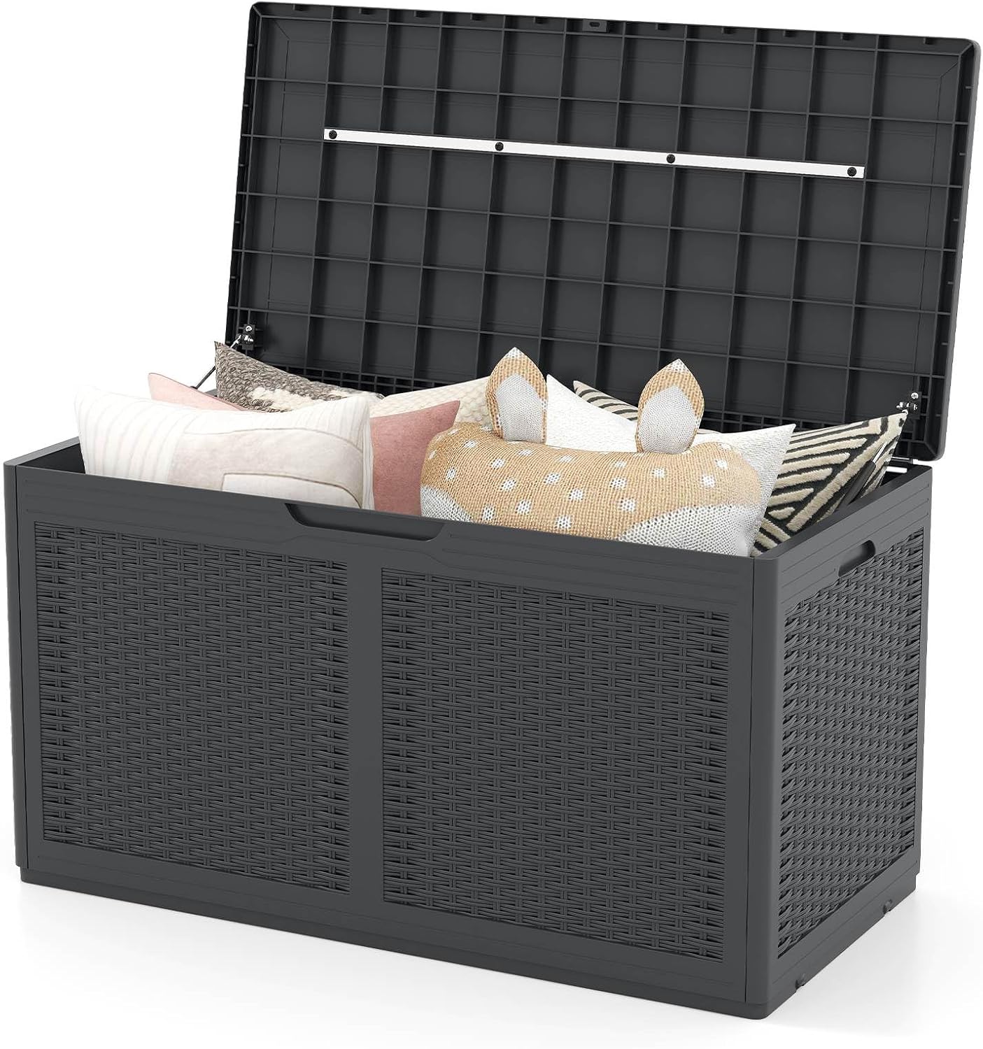 Costway 380L Resin Deck Box, Outdoor Waterproof Storage Bench with Lockable Lid, Rattan Texture Storage Container with Wheels for Pool Accessories, Garden Tools, Patio Furniture Cushions (Grey)