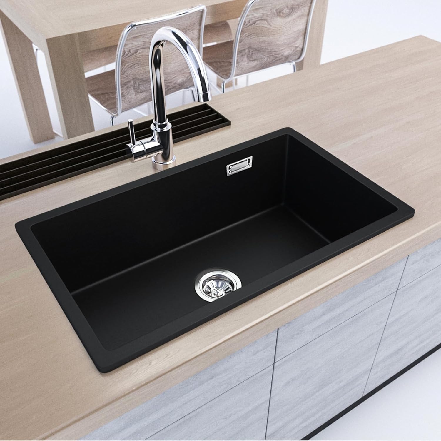 735x420mm Black Granite Stone Kitchen Sink Single Bowl Laundry Kitchen Sink Basin 10mm Thickness Stone Bar Kitchen Sinks with Overflow Home Utility Granite Kitchen Sink(Black)