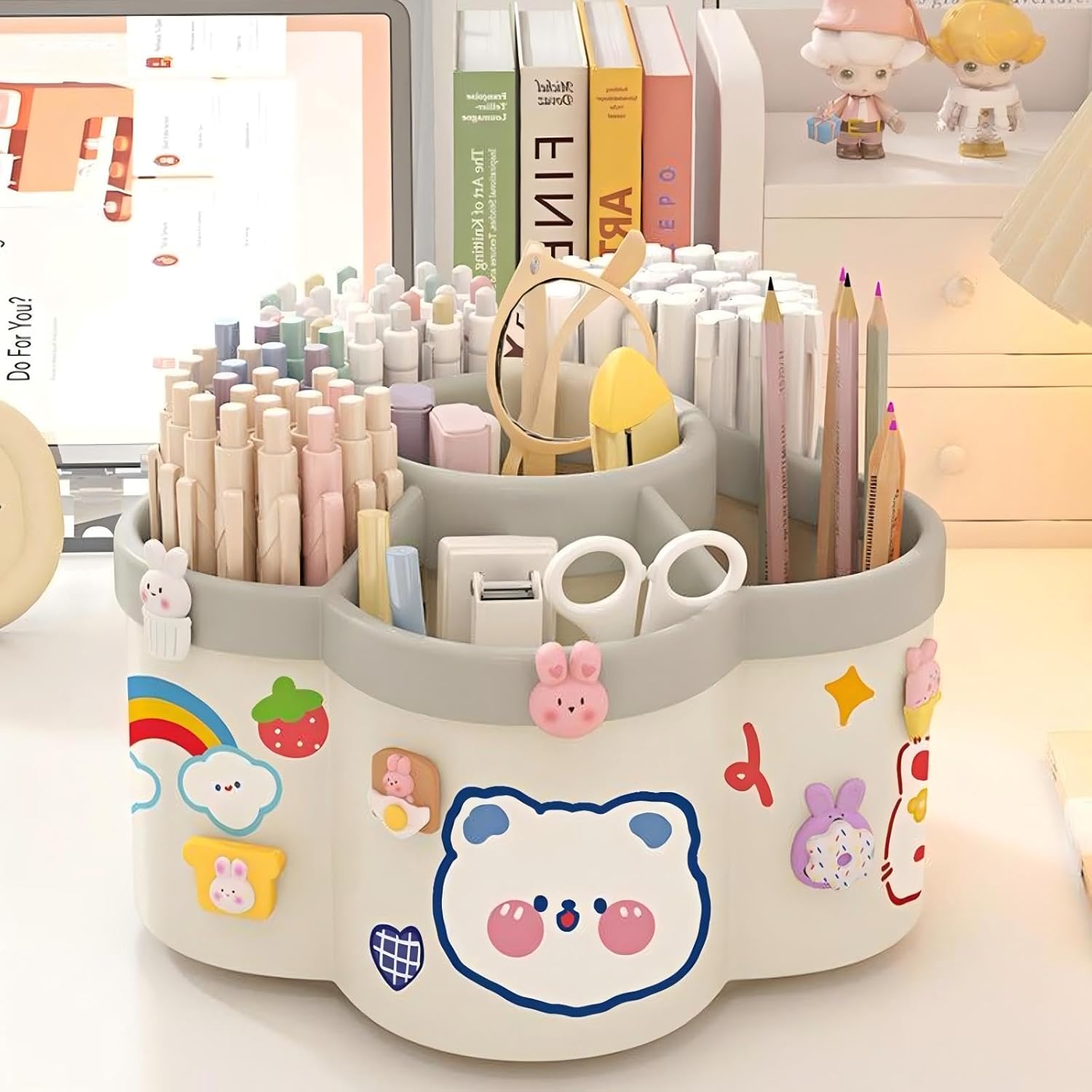 Pen Holder for Desk, 360°Rotating Pencil Pen Holder, Desk Pen Organizer with 6 Slots, Large-capacity Desk Organizer, Pencil Holder for Desk, Office, School, Home Use (Beige)