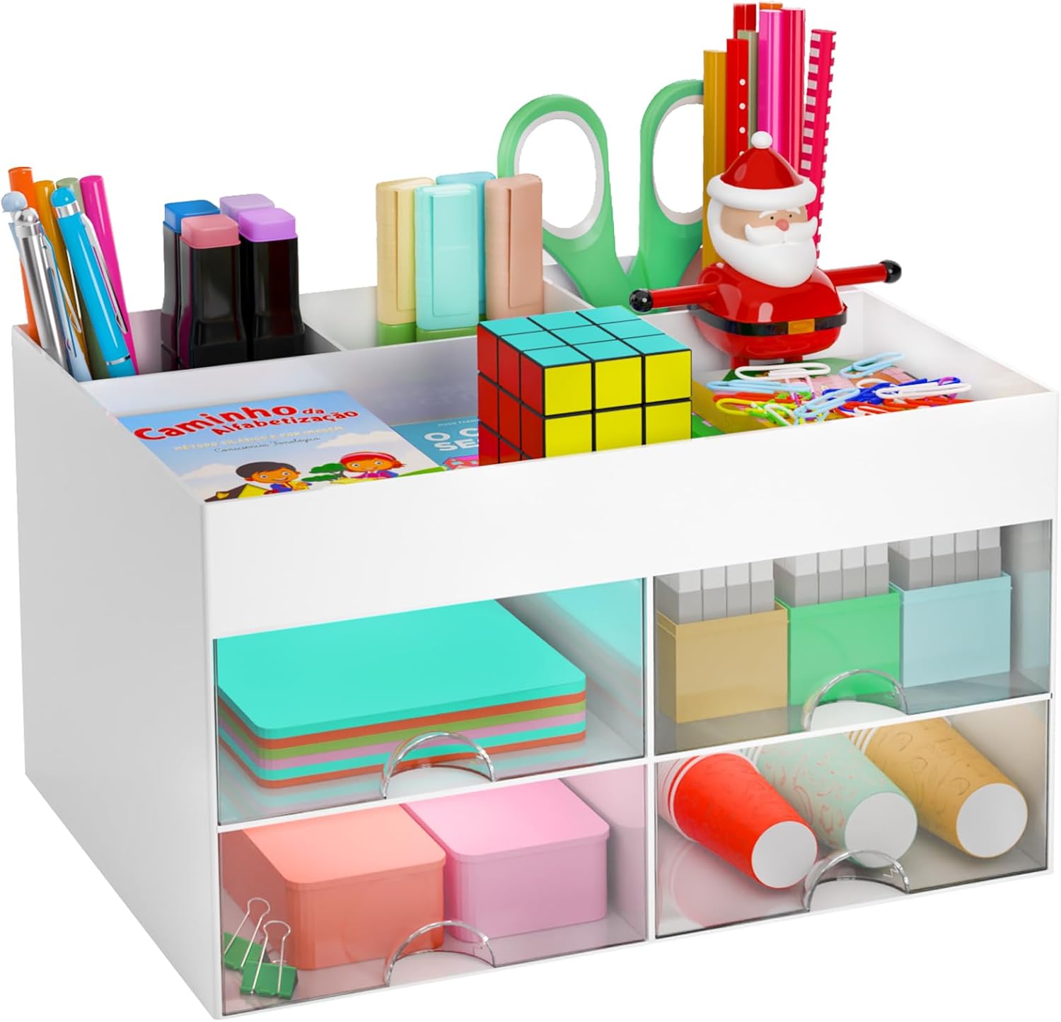 COMFYROOM Desk Organizer and Accessories with 4 Compartments and 4 Drawers, Plastic Makeup Organizer, Pen Holder for Desktop Storage, Desk Organization for School, Home, Office Supplies (White)