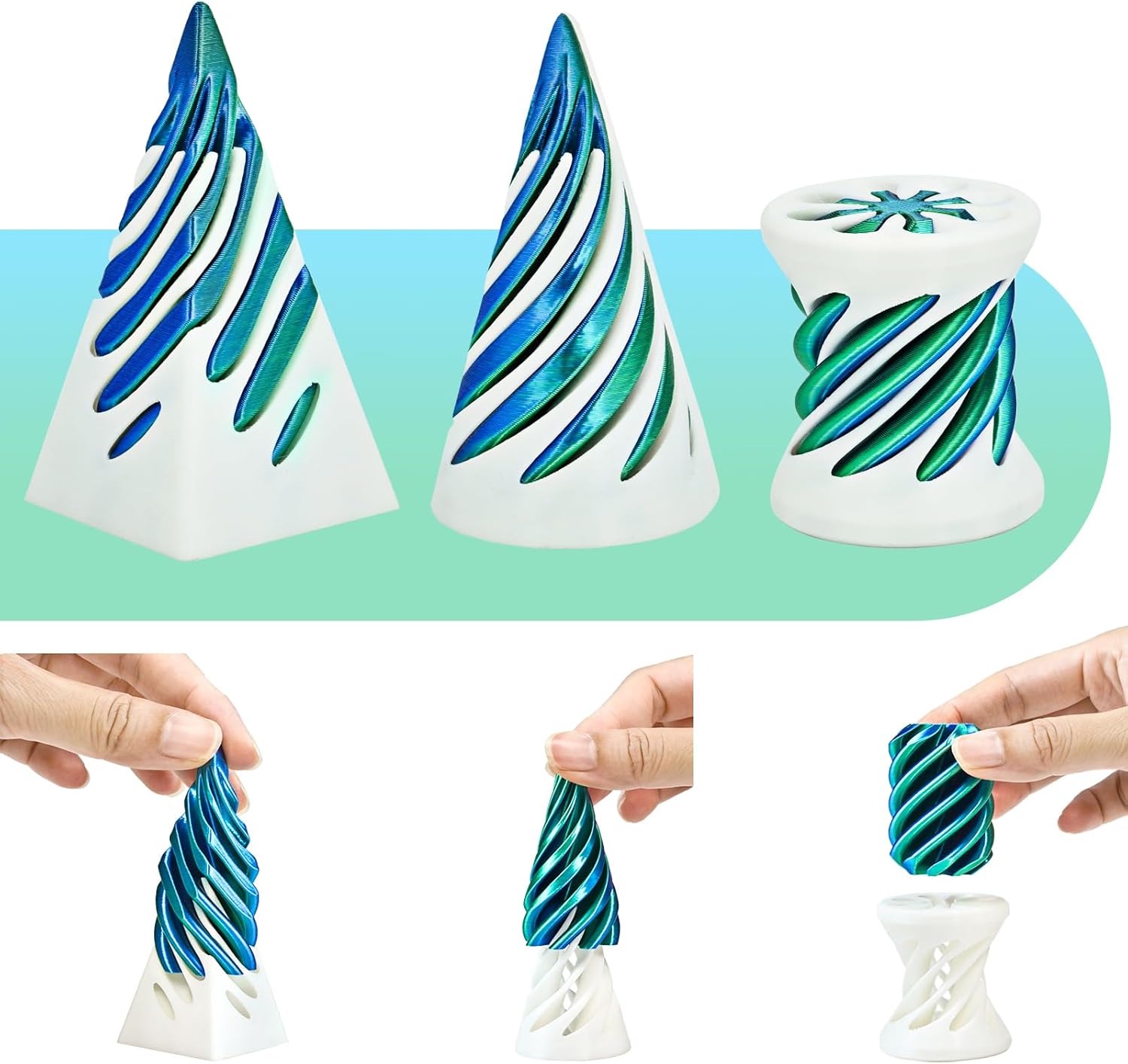 3 Packs Spiral Fidget Impossible Cone,3D Printed Optical Illusion Desk Toys Stress Relief Sculpture, Unique Office Gifts Teens Adults Kids Stocking Stuffers Christmas White Elephant(White-Green)