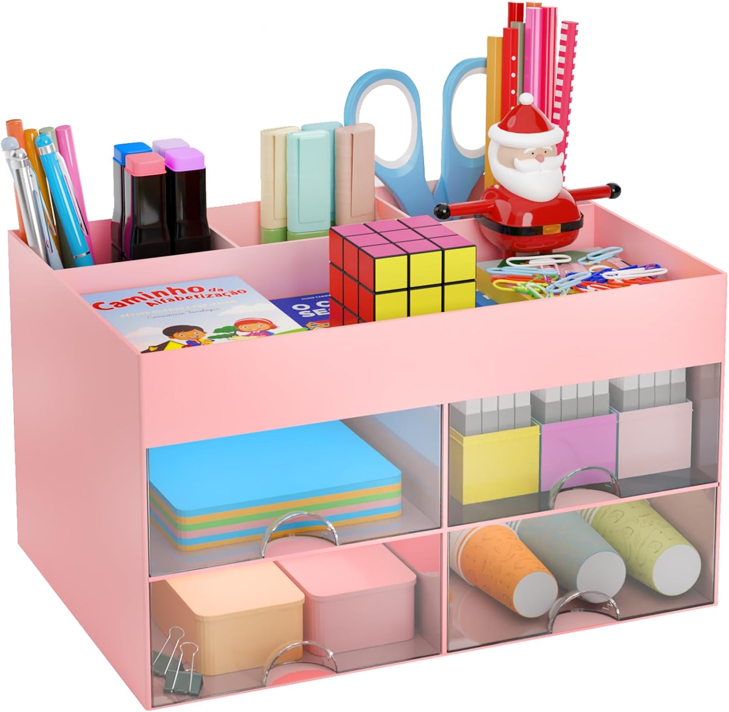 COMFYROOM Desk Organiser and Accessories with 4 Compartments and 4 Drawers, Plastic Makeup Organiser, Pen Holder for Desktop Storage, Desk Organization for School, Home, Office Supplies (Pink)