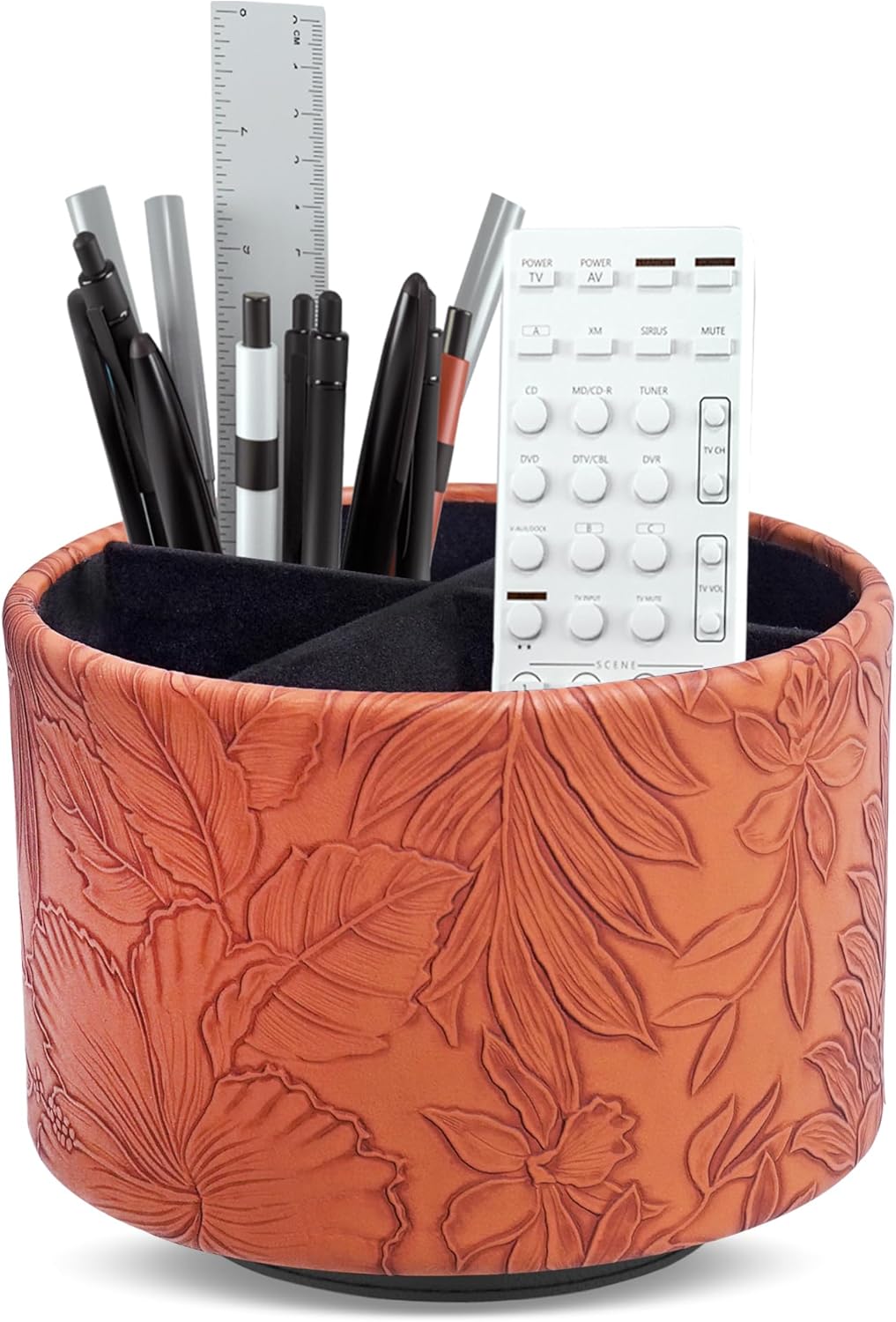 Round Leather Art Supply Organizer,Remote Control Holder,360 Degree Spinning,Multi-Functional Pencil Holder,4 Compartments Desktop Stationary Organizer(1-Carved Brown)