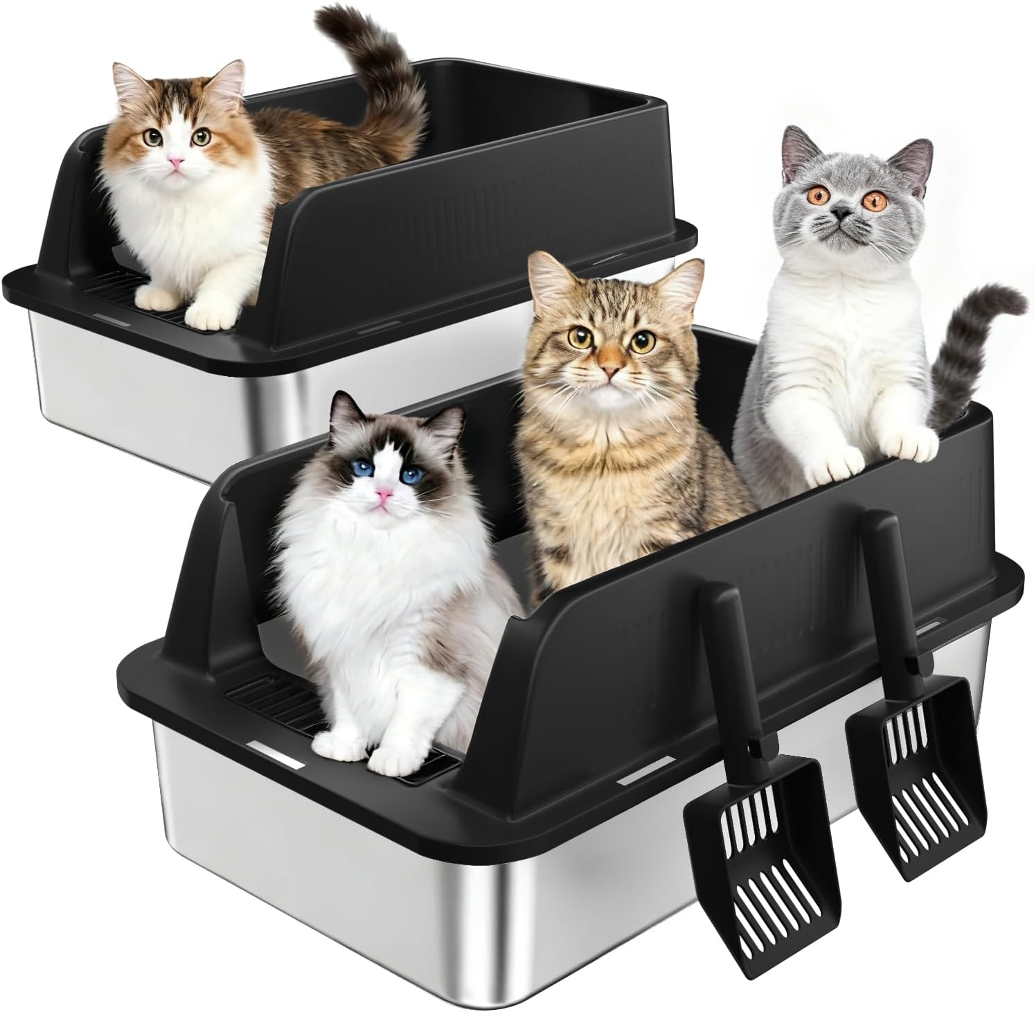 2 Pack Stainless Steel Litter Box,Cat Litter Box,Extra Large Cat Little Tray for Big Cats,Removable Metal Kitty Litter Tray with Scoop,Non-Sticky(58x 38x26CM)