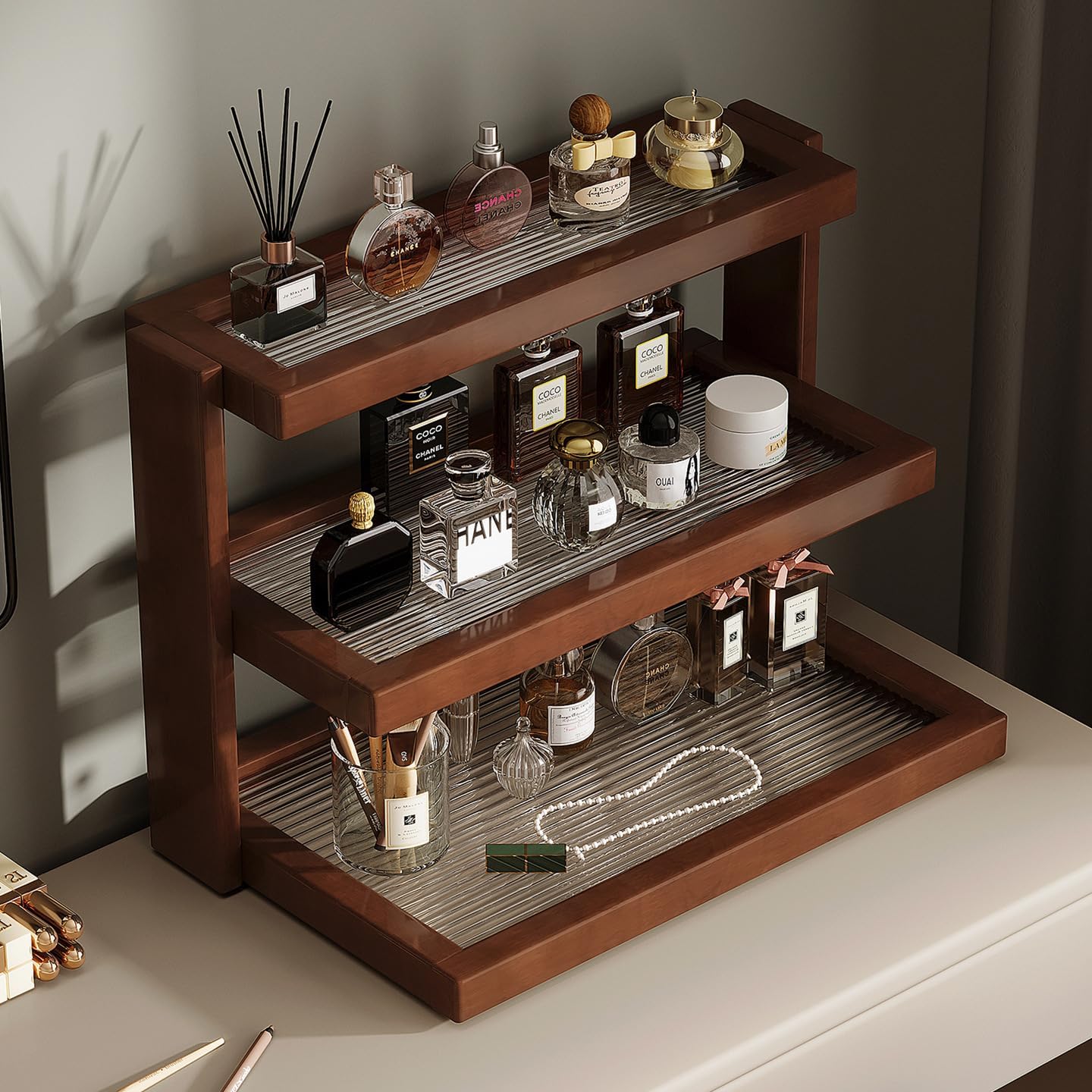 3-Tier Makeup Organizer & Cosmetic Shelf with Acrylic Trays, Multi-Use as Cup Holder, Mug Rack,Versatile Display Rack for Vanity, Bathroom, Bedroom, Foyer, Kitchen & Dining Table